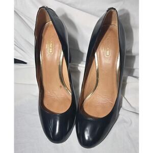 Coach Black Leather Block Heel Pumps Slip On Logo Accent Women's 9B